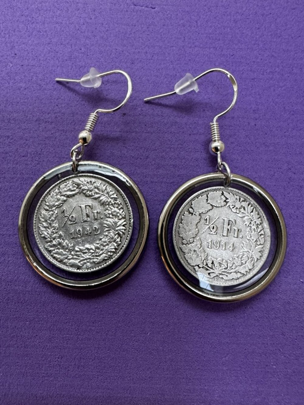 VTG WWII Swiss Silver Coin Earrings • Floral Wreath, Alpine Design (1942-1944)